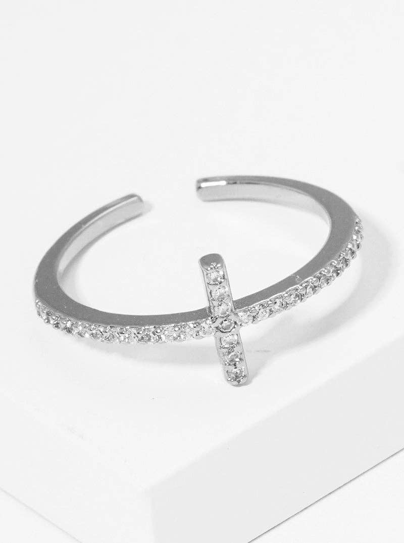 White Gold CZ Pave Sideways Cross Cuff Ring