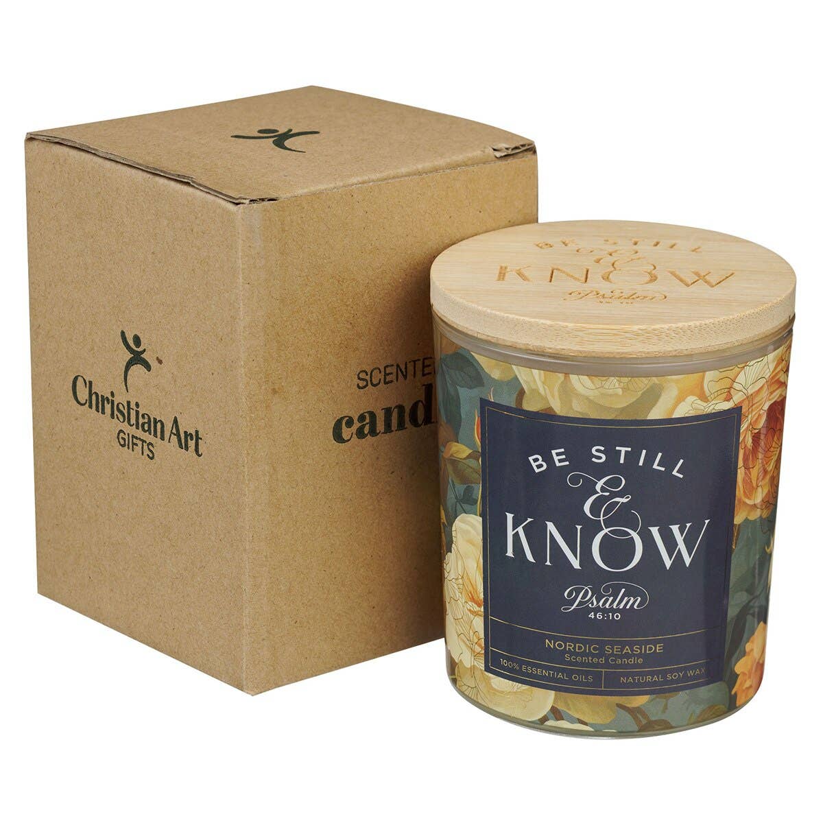 Glass Candle w/Bamboo Lid Floral Be Still Ps. 46:10