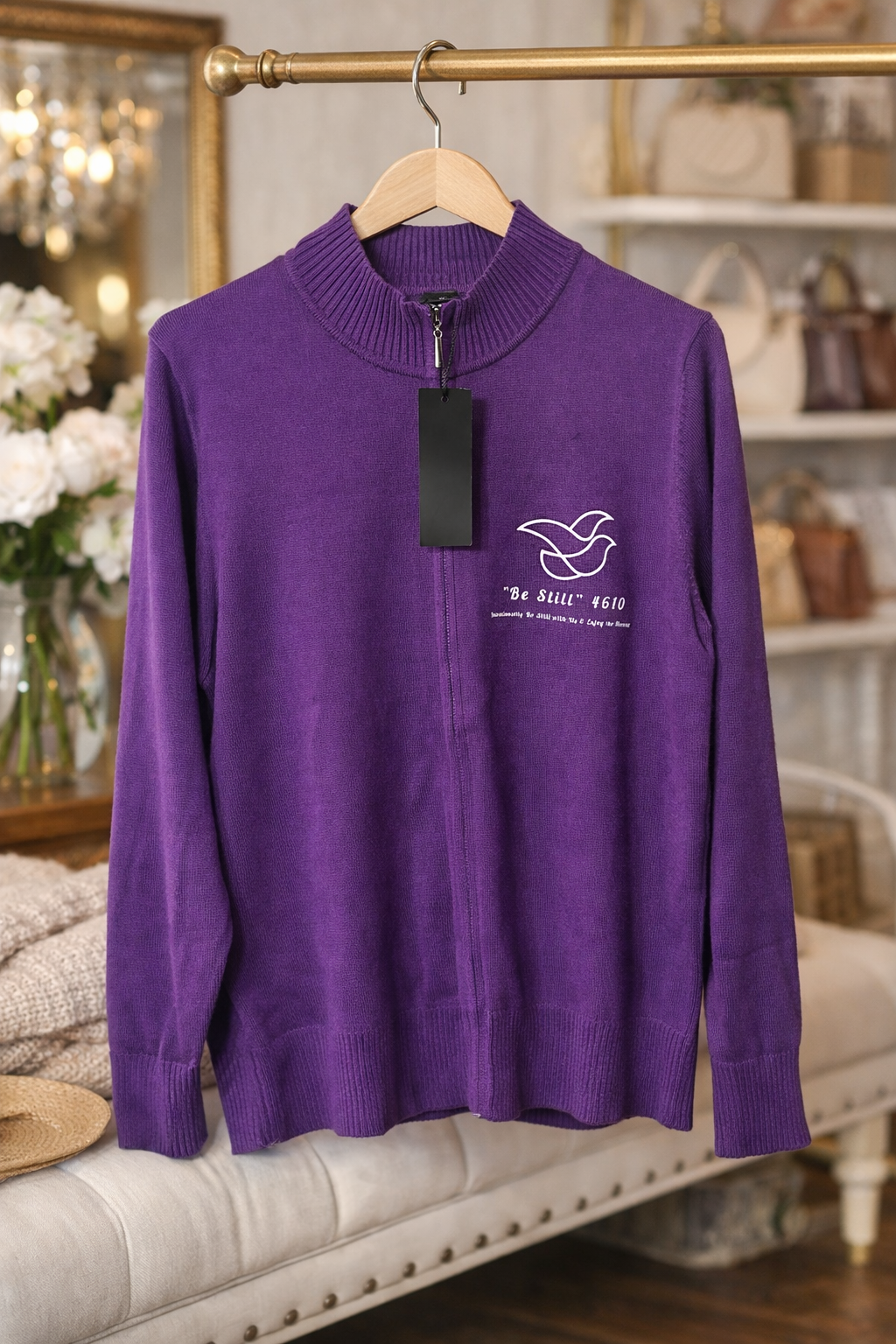 Be Still 4610 Purple Christian Zip-Up Cardigan