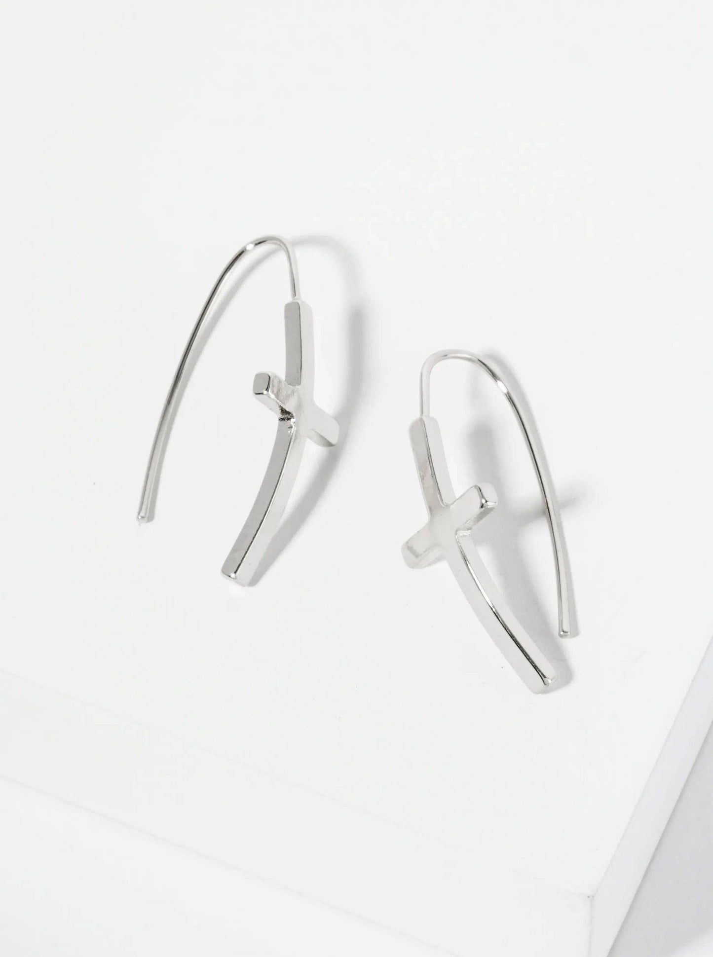 Polished Silver -Rhodium Cross Drop Wire Hook Earring