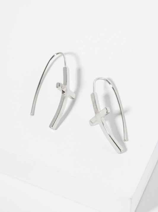 Polished Silver -Rhodium Cross Drop Wire Hook Earring