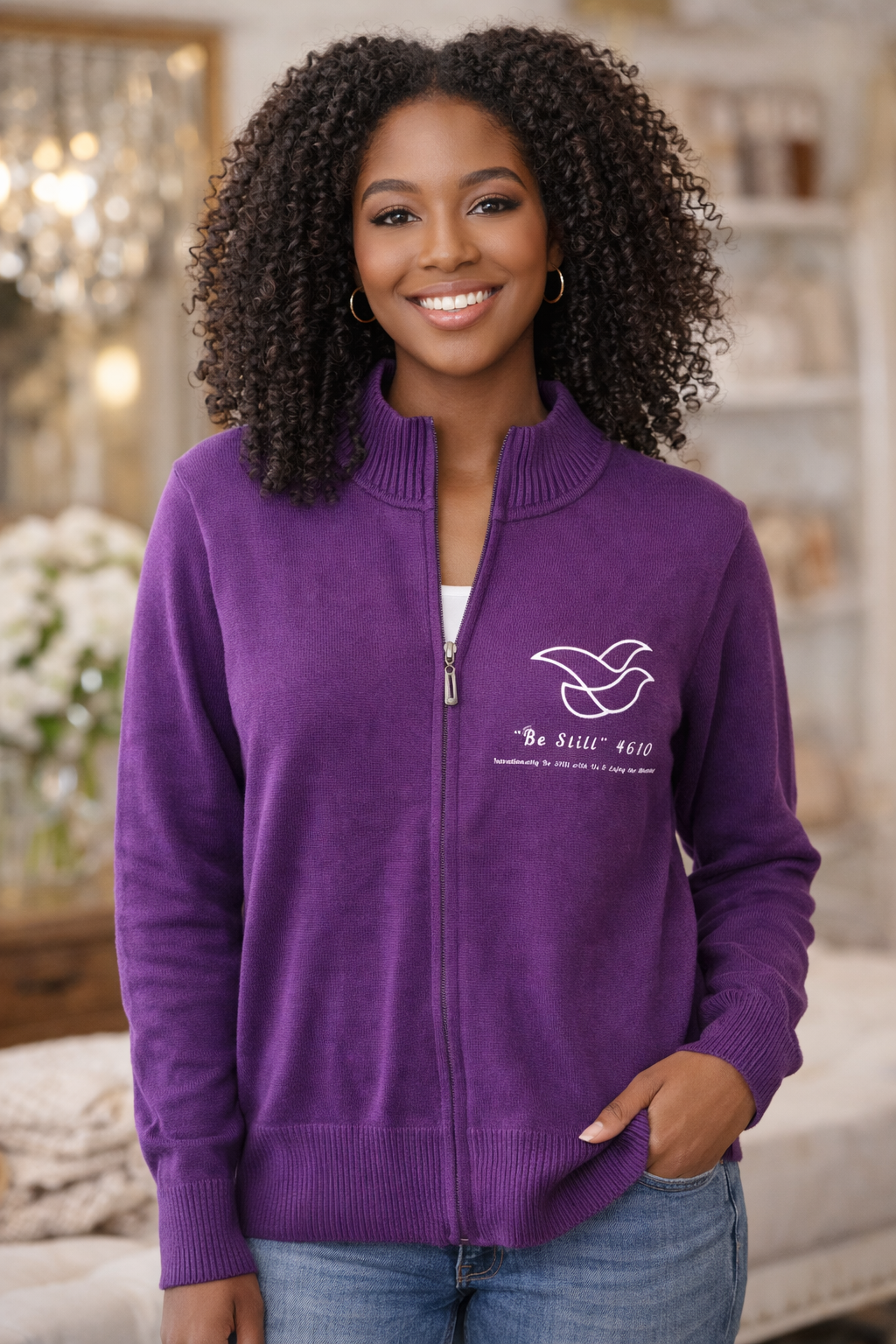 Be Still 4610 Purple Christian Zip-Up Cardigan