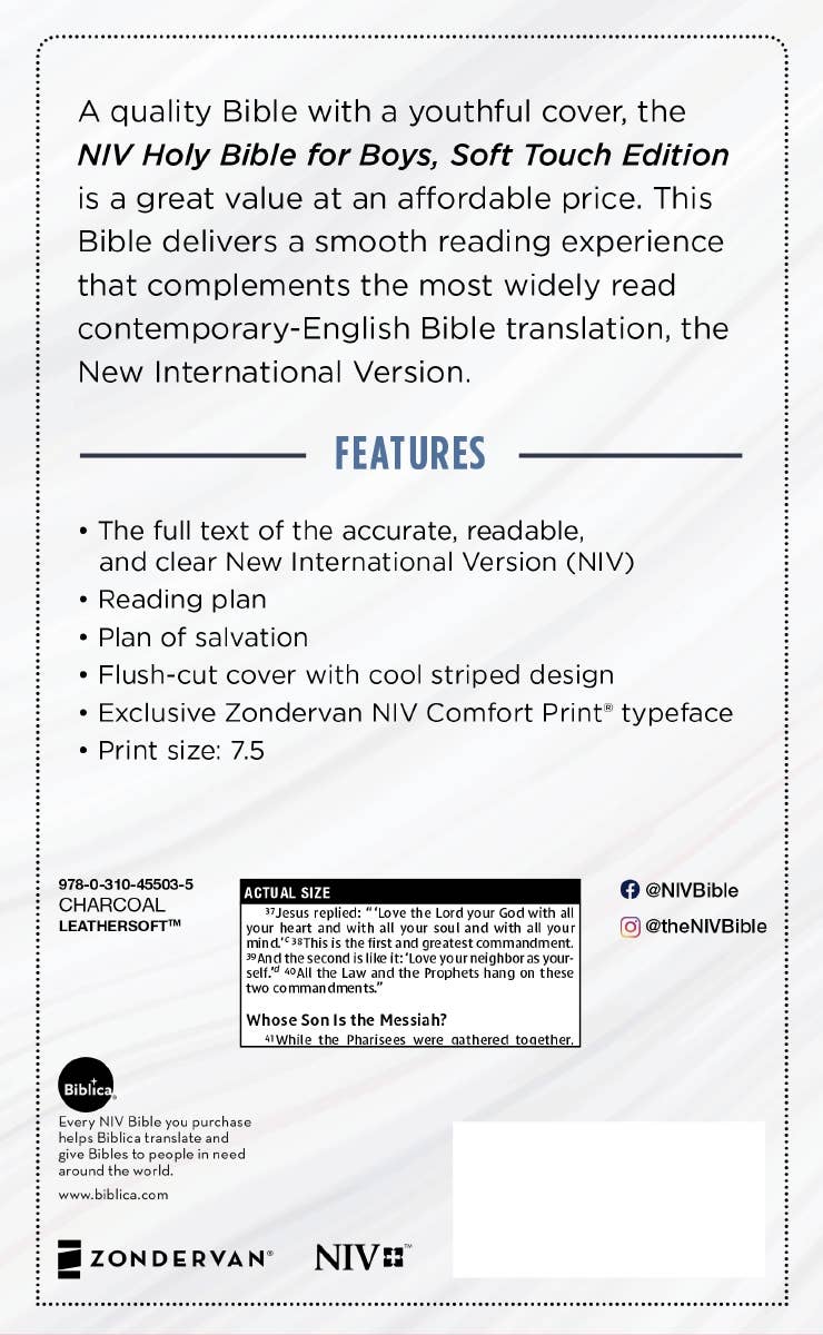 NIV Bible for Boys, Soft Touch Edition, Leathersoft, Gray