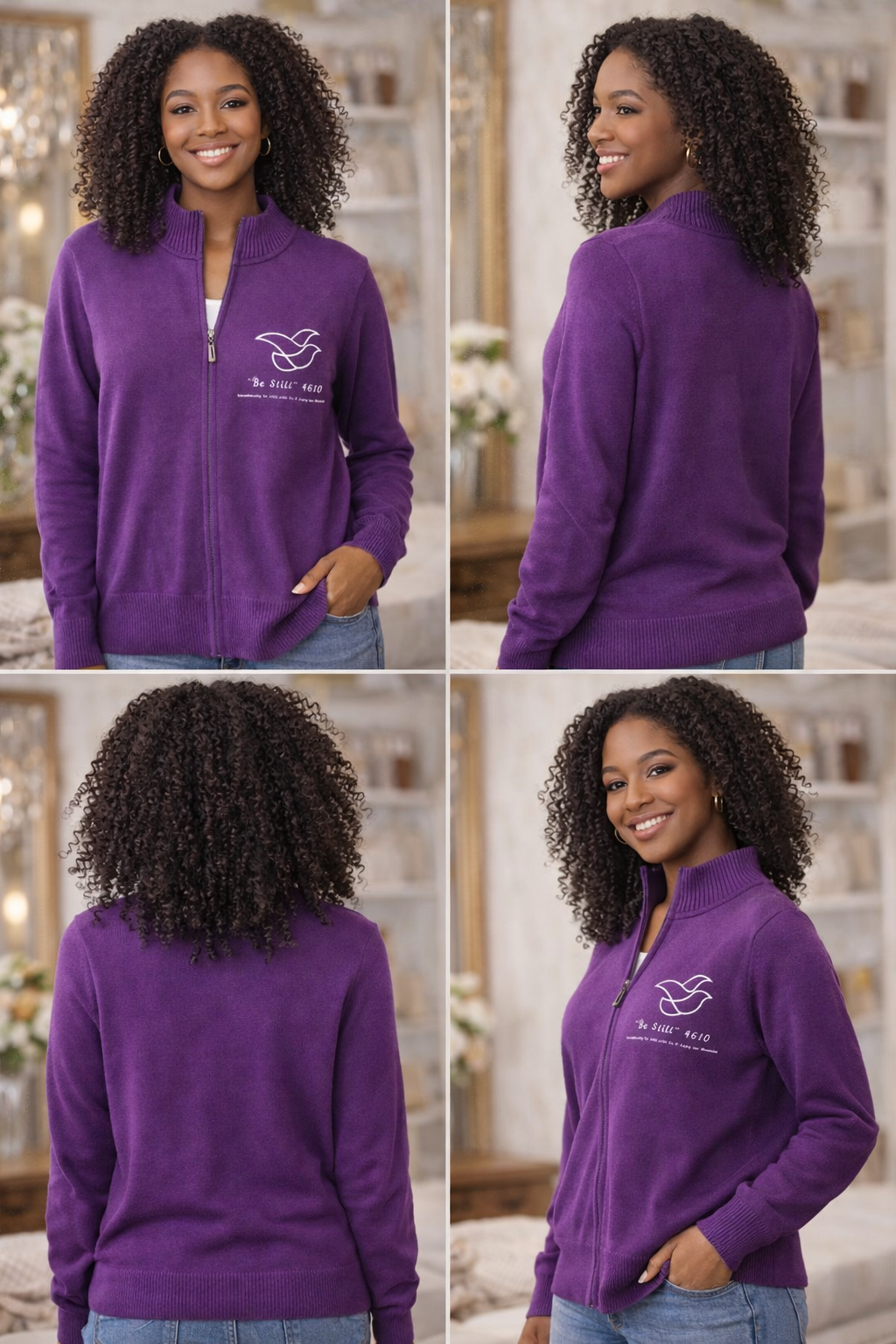 Be Still 4610 Purple Christian Zip-Up Cardigan
