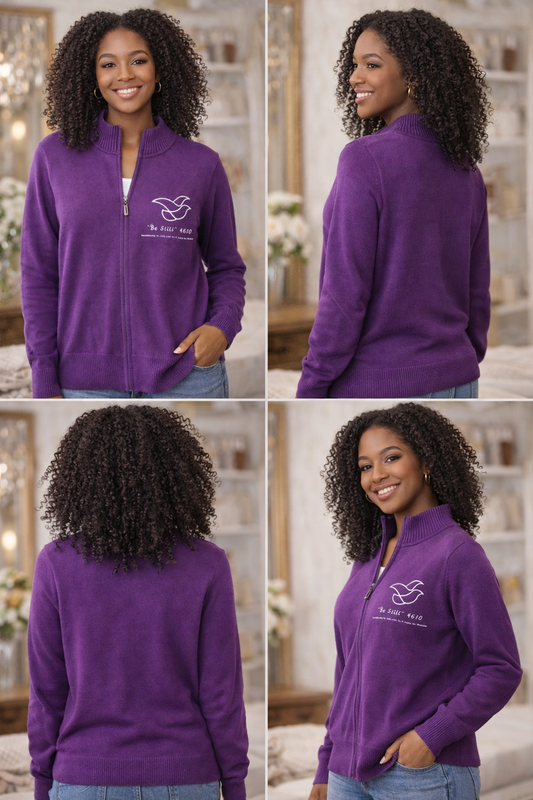 Be Still 4610 Purple Christian Zip-Up Cardigan