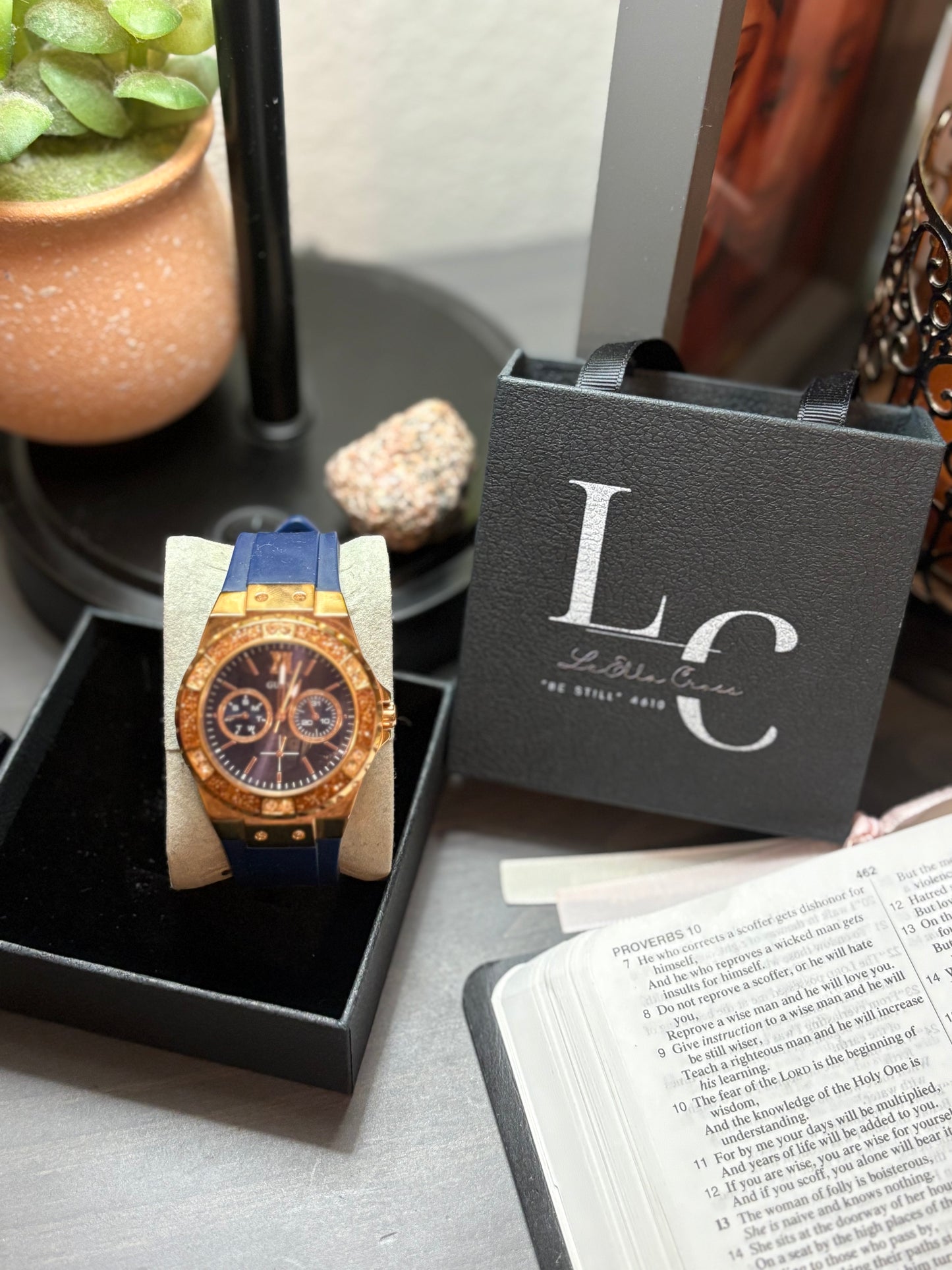 GUESS Ladies Blue Rose Gold Tone Multi-function Watch