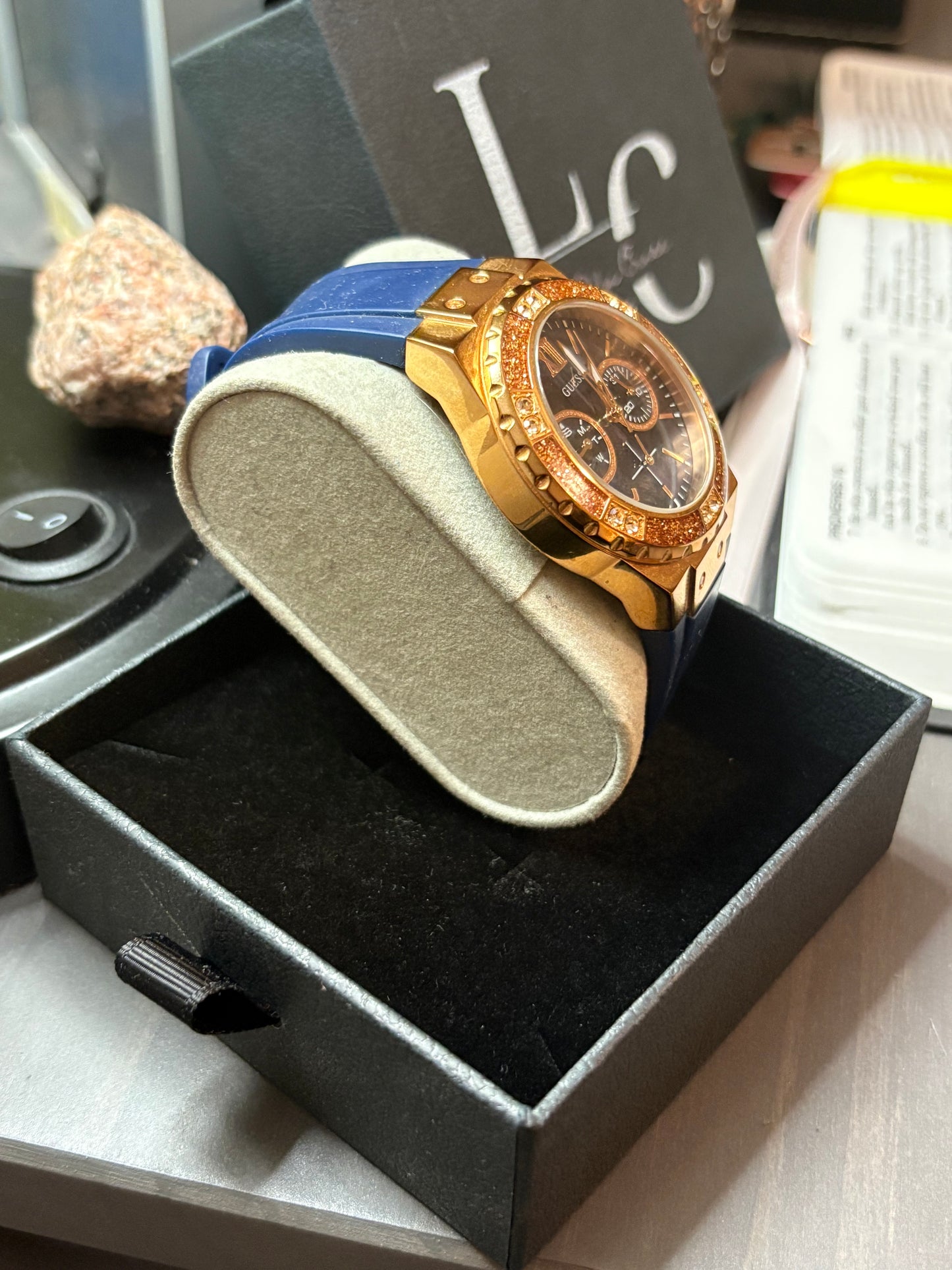 GUESS Ladies Blue Rose Gold Tone Multi-function Watch