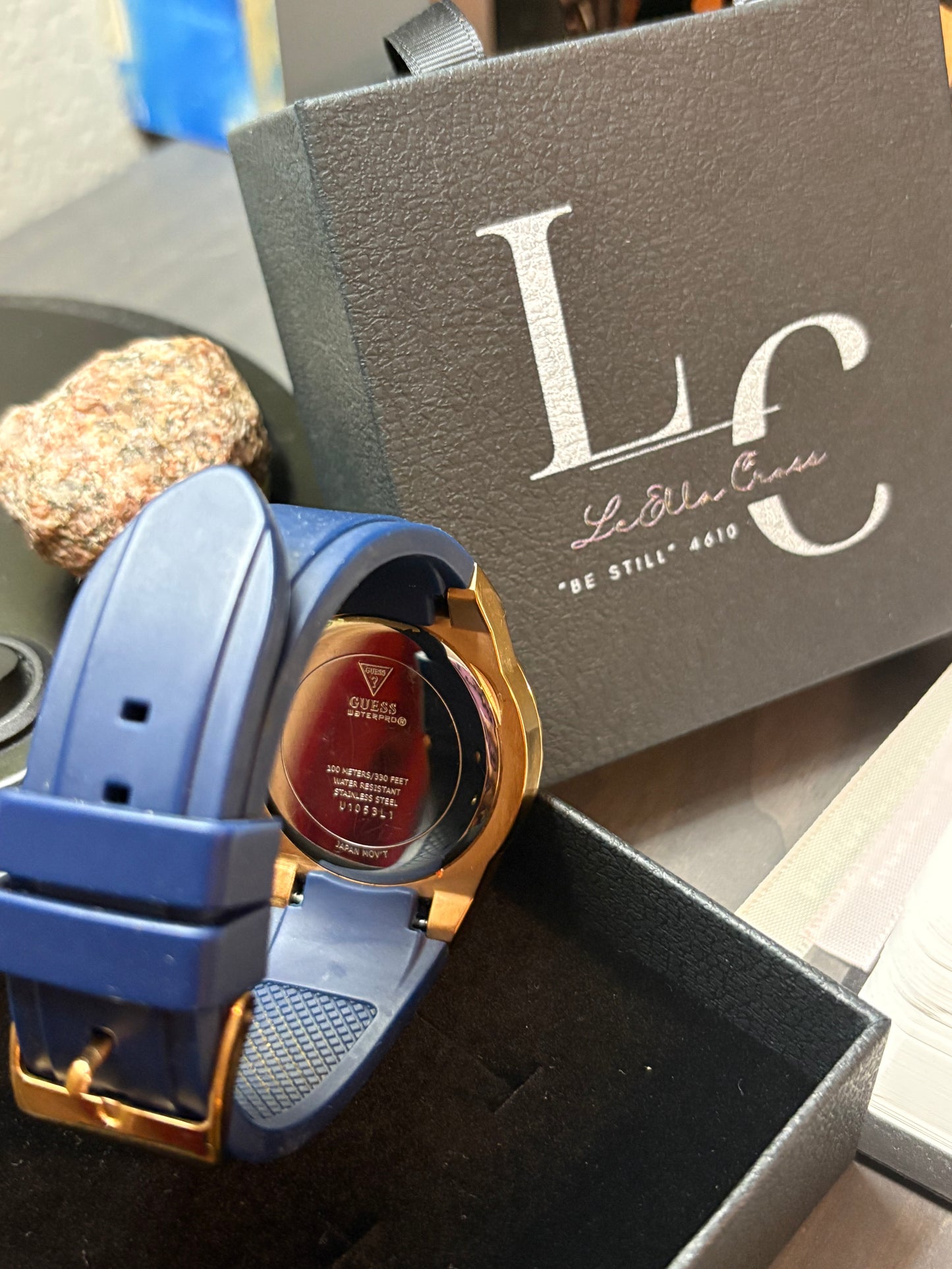 GUESS Ladies Blue Rose Gold Tone Multi-function Watch