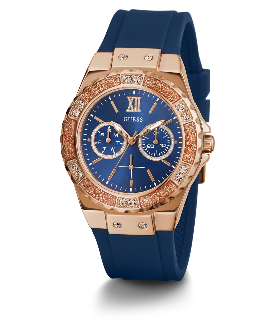 GUESS Ladies Blue Rose Gold Tone Multi-function Watch