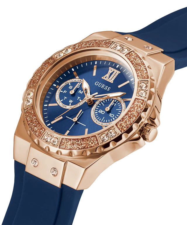 GUESS Ladies Blue Rose Gold Tone Multi-function Watch