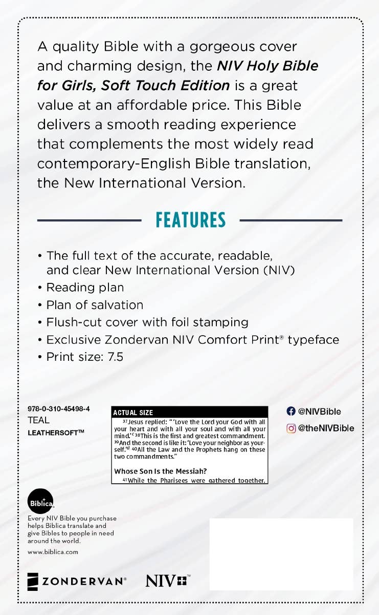 NIV Bible for Girls Soft Touch Edition Leathersoft Teal